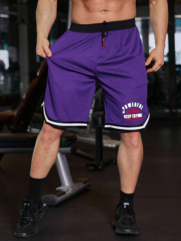 Men Letter Graphic Contrast Binding Drawstring Waist Sports Shorts