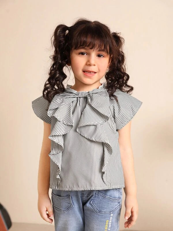 Toddler Girls Bow Front Ruffle Trim Striped Top