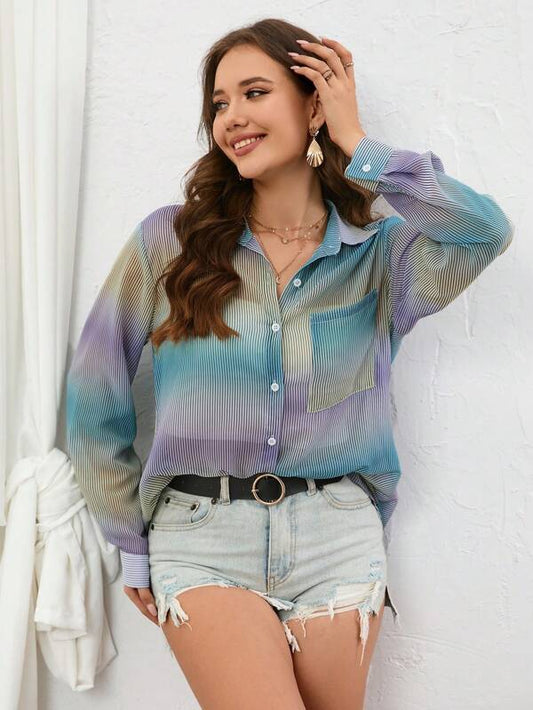 SHEIN Essnce Ombre Print Pocket Patched Button Front Shirt