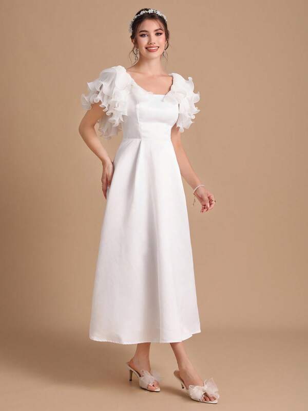 SHEIN Belle 1pc Square Neck Ruffle Trim Wedding Dress