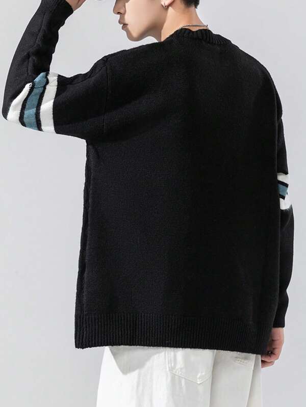 Men Striped Pattern Drop Shoulder Cable Knit Sweater