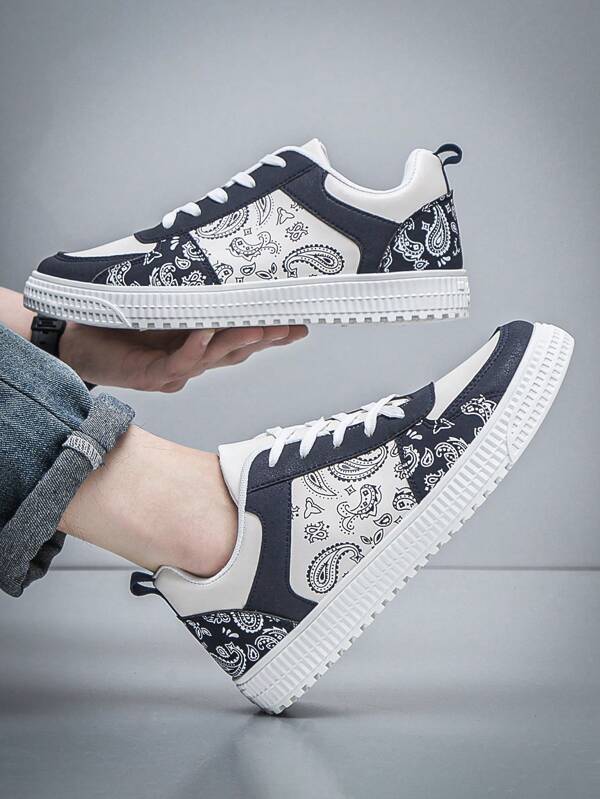 Sporty Sneakers For Men, Paisley Pattern Lace-up Front Skate Shoes