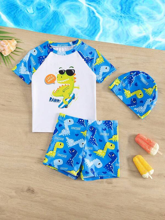 Young Boy Cartoon Graphic Beach Swimsuit With Swim Cap