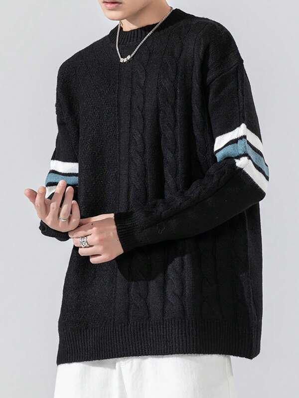 Men Striped Pattern Drop Shoulder Cable Knit Sweater