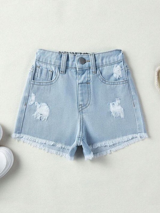 SHEIN Kids SUNSHNE Toddler Girls Ripped Raw Cut Denim Shorts