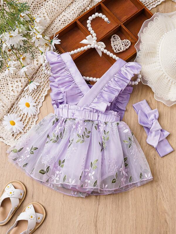 Baby Girl Floral Embroidery Mesh Overlay Ruffle Trim Bodysuit