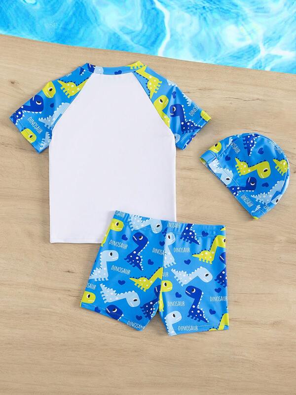 Young Boy Cartoon Graphic Beach Swimsuit With Swim Cap