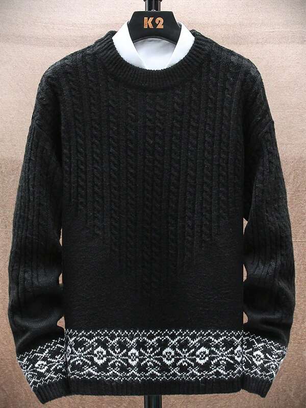 Men Chevron Pattern Cable Knit Drop Shoulder Sweater Without Shirt