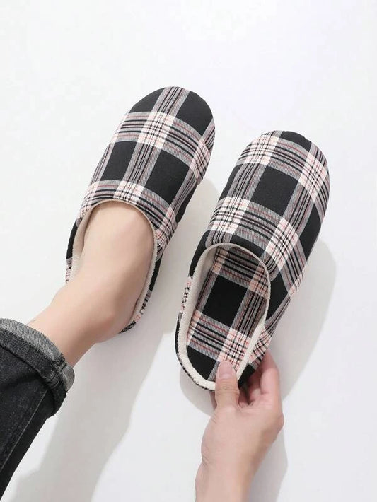 Men Plaid Pattern Bedroom Slippers, Polyester Fashion Slippers