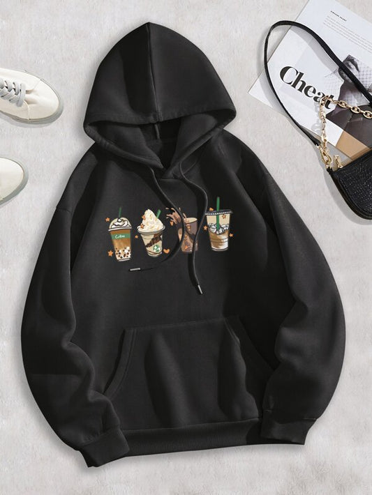 SHEIN LUNE Cartoon Graphic Drawstring Thermal Lined Hoodie