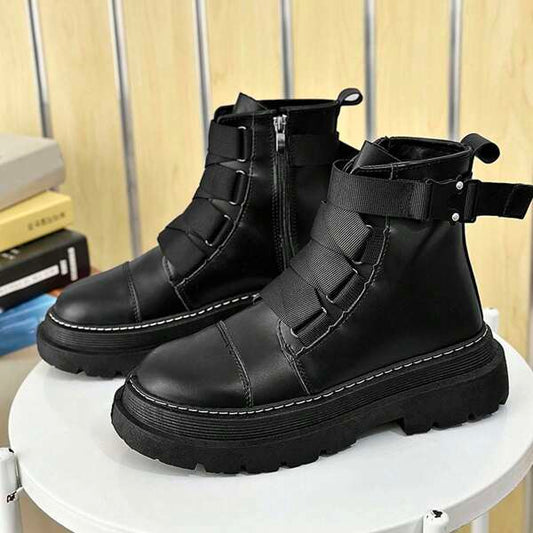 Men's Fashionable Strapped Motorcycle Boots With Side Zipper Closure And Weave Decor, High Top Casual Pu Leather Boots