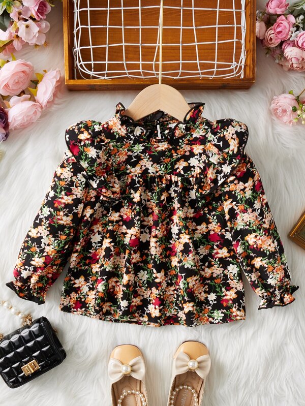 SHEIN Kids SUNSHNE Toddler Girls Floral Print Ruffle Trim Blouse