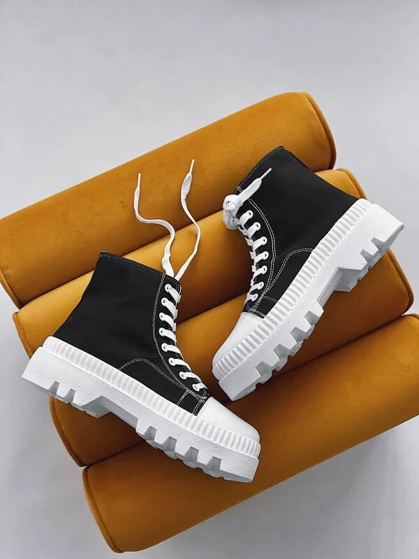 Men Two Tone Lace-up Front Canvas Combat Boots