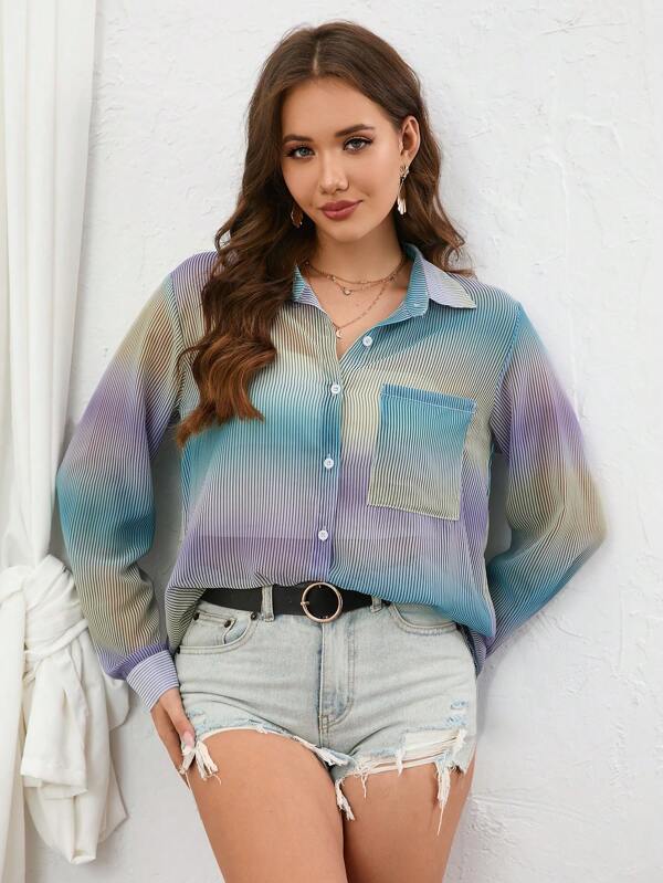 SHEIN Essnce Ombre Print Pocket Patched Button Front Shirt