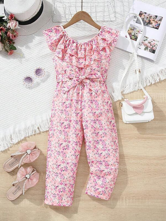 SHEIN Kids SUNSHNE Toddler Girls Ditsy Floral Print Ruffle Trim Belted Jumpsuit