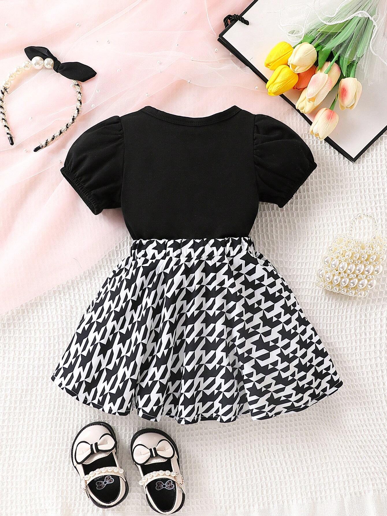 Baby Letter Graphic Puff Sleeve Tee & Houndstooth Print Skirt