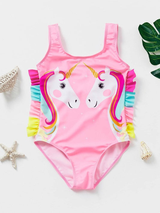 Toddler Girls Unicorn Print Ruffle Trim One Piece Swimsuit