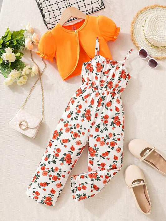 Toddler Girls Floral Print Cami Jumpsuit & Puff Sleeve Button Front Tee