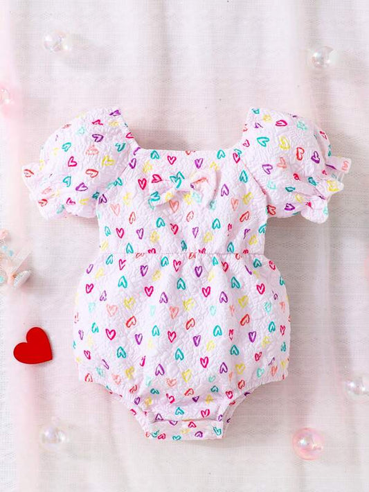 Newborn Baby Girls' Cute Heart Dopamine Bodysuit With Short Sleeves, Bowknot Decoration, Elastic Waistband And Textured, Cool Fabric Feel