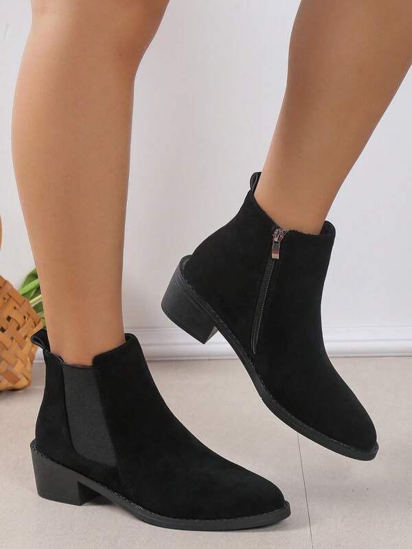 Women's Pointed Toe Fashionable Solid Color Chunky Heel Boots With Side Zipper, Versatile Style