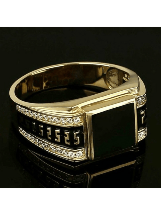 1pc Fashion Men's Ring Fashion Metal Gold Color Inlaid Black Stone Cubic Zirconia Punk Rings for Men Engagement Wedding Vintage Jewelry