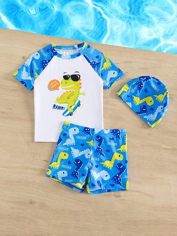 Young Boy Cartoon Graphic Beach Swimsuit With Swim Cap