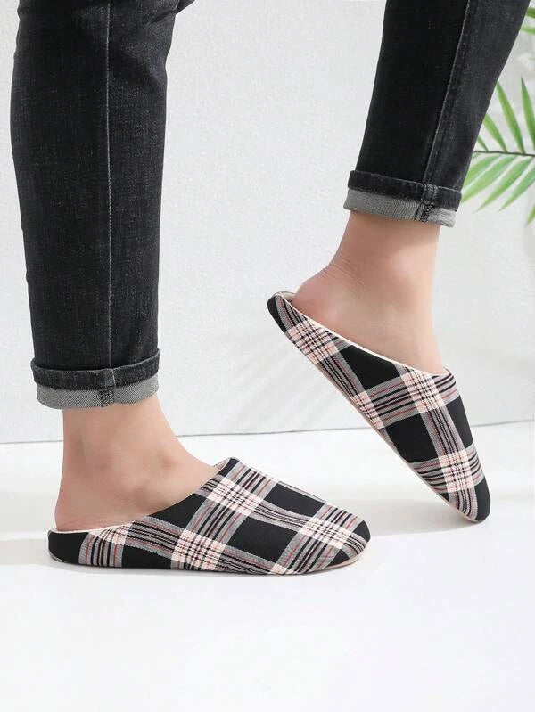 Men Plaid Pattern Bedroom Slippers, Polyester Fashion Slippers