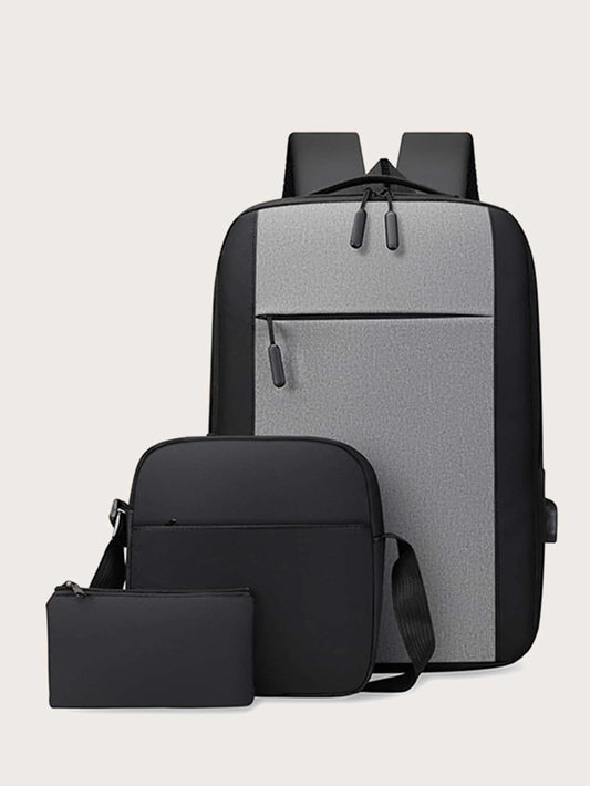 3pcs Men Two Tone USB Charging Port Laptop Backpack Set