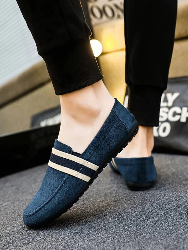 Men Striped Pattern Driving Shoes Loafers Blue