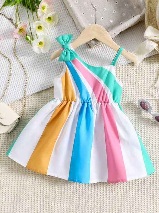 Baby Colorblock Asymmetrical Neck Bow Front Dress