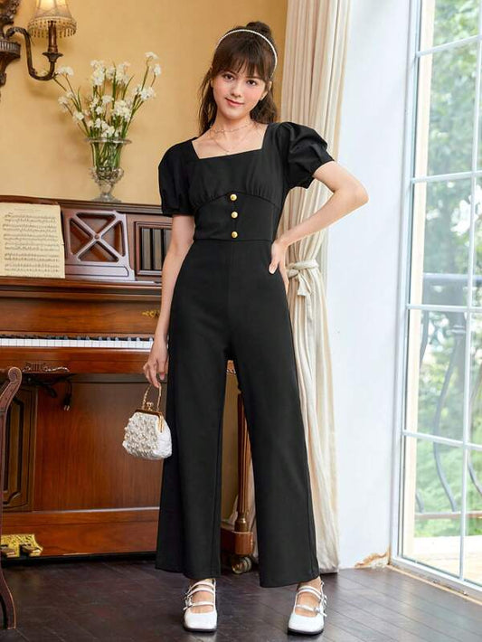 SHEIN Teen Girls Square Neck Puff Sleeve Button Front Wide Leg Jumpsuit