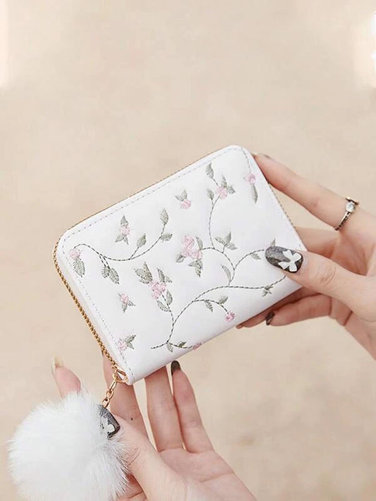 Floral Embroidered Card Holder PU Pocket Wallet Small Purse Bifold Zipper Women Wallet