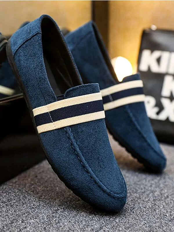 Men Striped Pattern Driving Shoes Loafers Blue