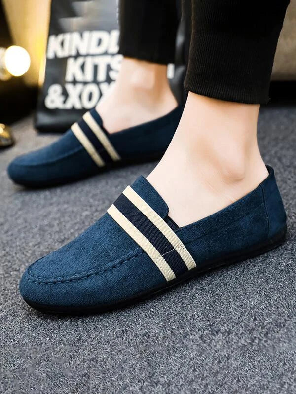 Men Striped Pattern Driving Shoes Loafers Blue