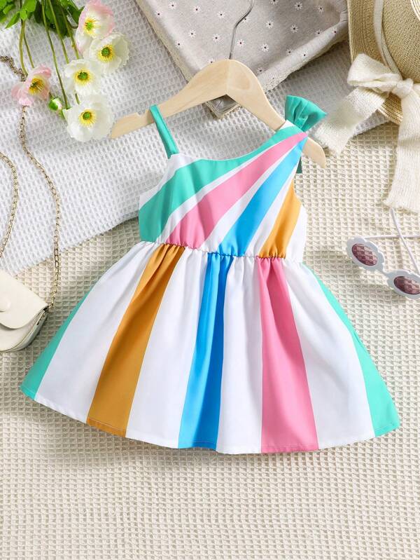 Baby Colorblock Asymmetrical Neck Bow Front Dress