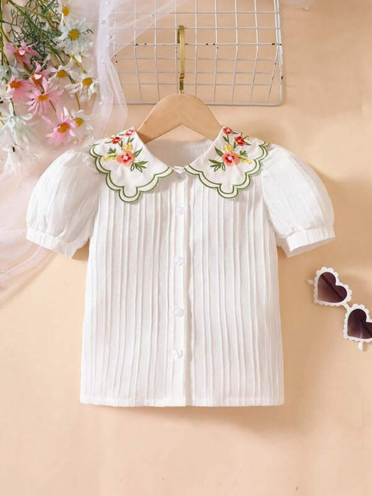 SHEIN Kids SUNSHNE Toddler Girls Floral Embroidery Statement Collar Puff Sleeve Shirt