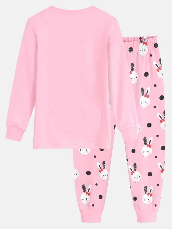 Toddler Girls Rabbit Print Tee & Polka Dot Pants Snug Fit PJ Set