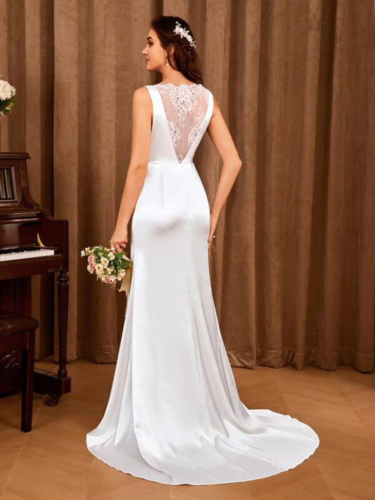 Contrast Lace Mermaid Hem Satin Wedding Dress Without Veil