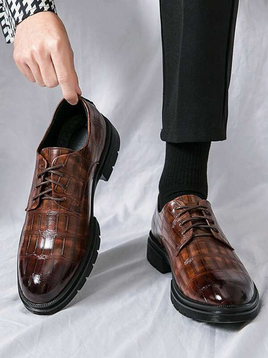 Business Brown Dress Shoes For Men, Crocodile Embossed Lace-up Front Derby Shoes
