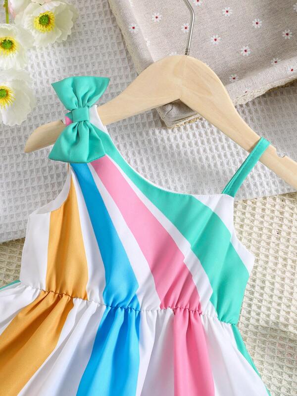 Baby Colorblock Asymmetrical Neck Bow Front Dress