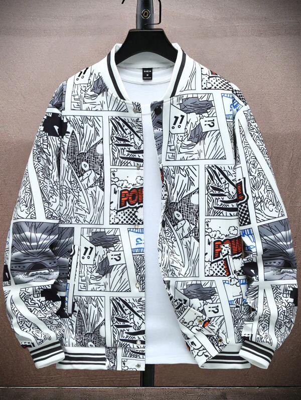 Men Pop Art Print Striped Trim Bomber Jacket Without Tee