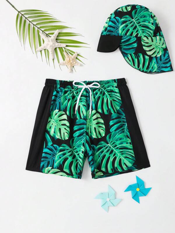 Toddler Boys Tropical Print Drawstring Waist Swim Shorts With Swim Cap