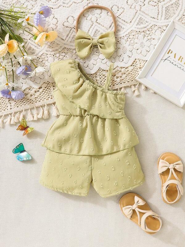 SHEIN Newborn Baby Swiss Dot Asymmetrical Neck Bow Front Ruffle Trim Romper & Headband