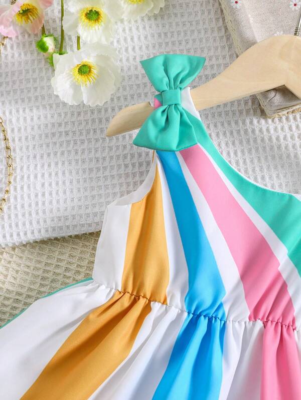 Baby Colorblock Asymmetrical Neck Bow Front Dress