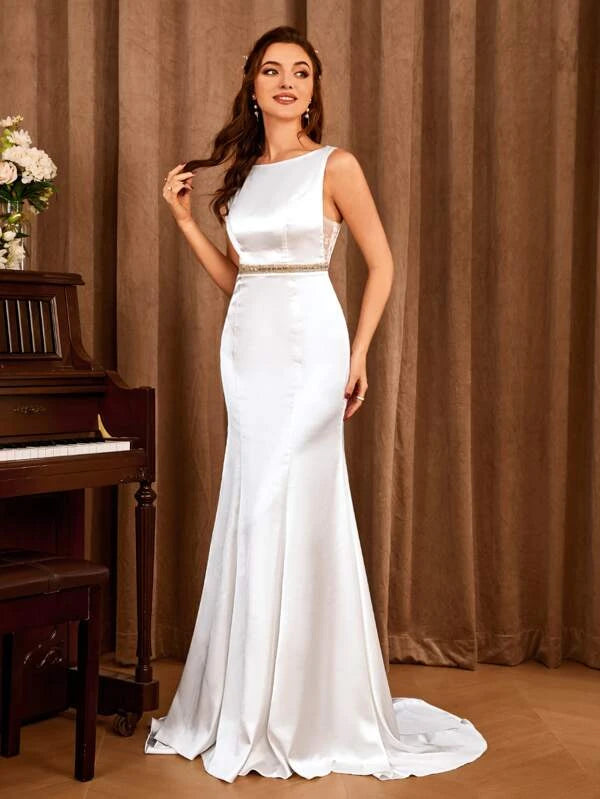 Contrast Lace Mermaid Hem Satin Wedding Dress Without Veil