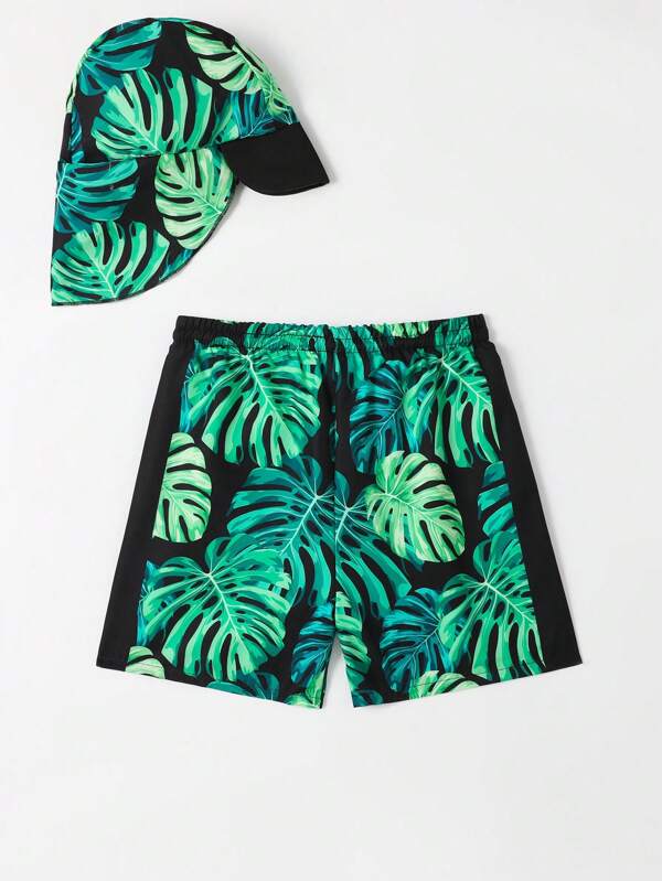 Toddler Boys Tropical Print Drawstring Waist Swim Shorts With Swim Cap