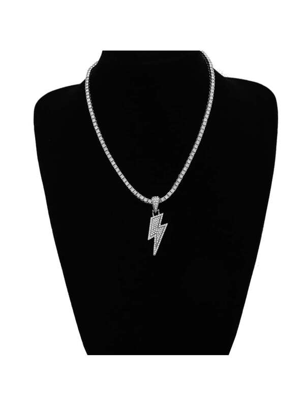 European And American Hip-hop Lightning Pendant Necklace, Alloy & Rhinestone Decoration, Unisex Cool Design Tennis Chain With Single Diamond, Lightning Shaped Pendant