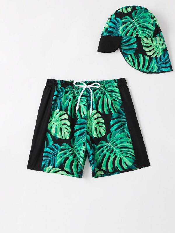 Toddler Boys Tropical Print Drawstring Waist Swim Shorts With Swim Cap