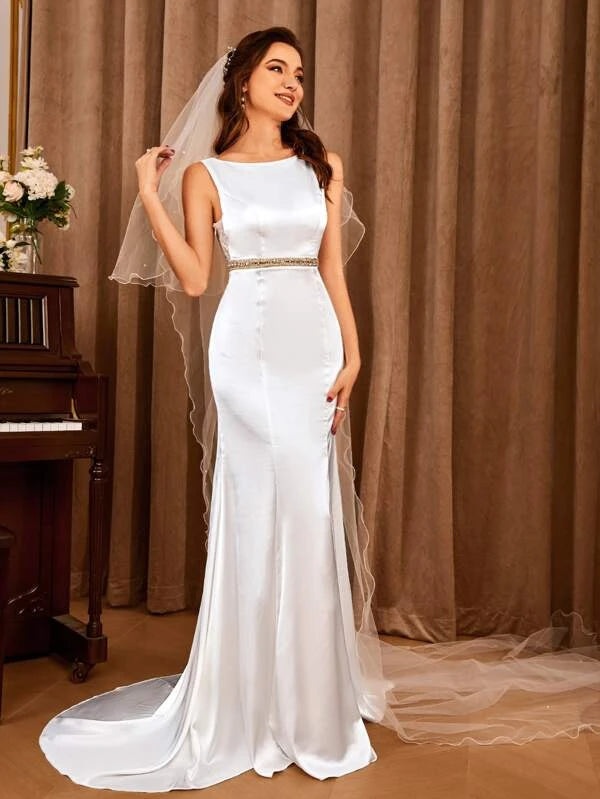 Contrast Lace Mermaid Hem Satin Wedding Dress Without Veil