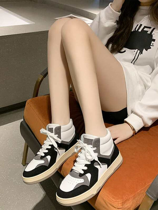 Colorblock Lace-Up Front Skate Shoes Women Black High Top Sneakers
